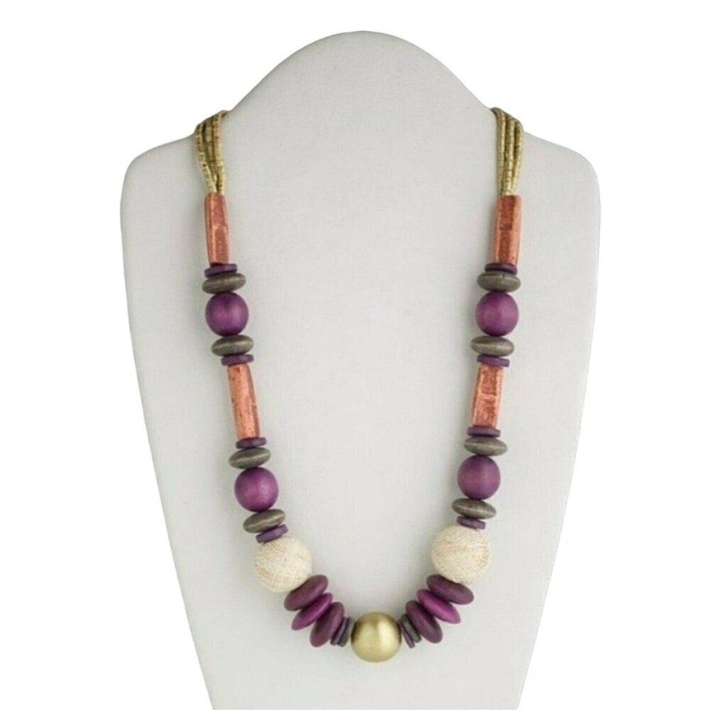 Handcrafted Philippines Long Wood Coco Shell Necklace Gold Purple